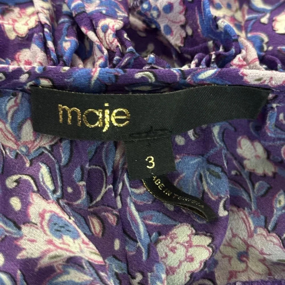 MAJE Purple Dahlia ruffle long sleeve top size 3 Large ties in front floral - Picture 7 of 10